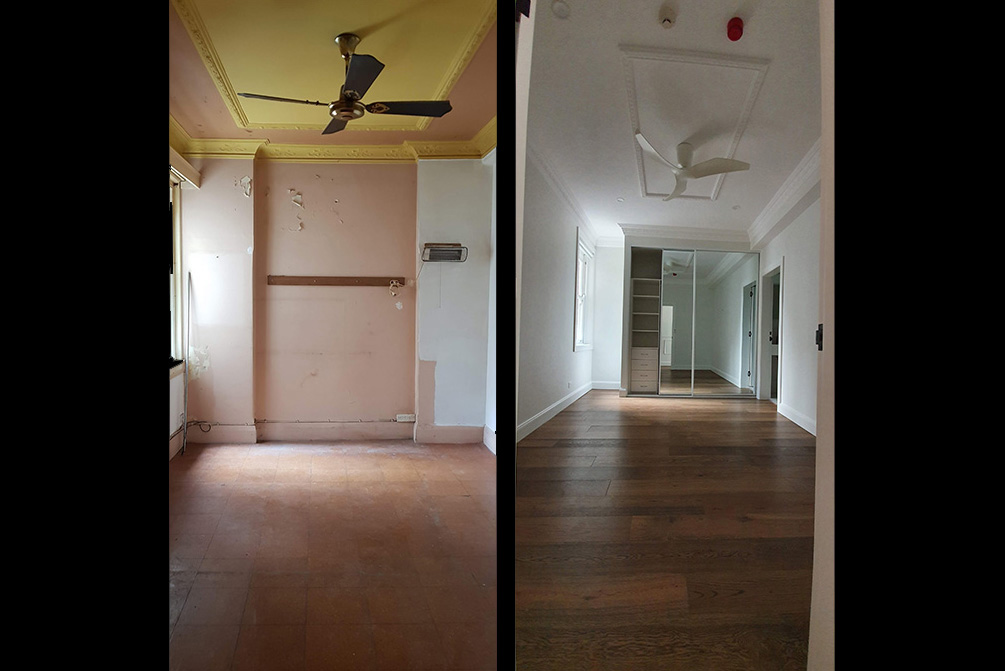 A room with two different floors and one has been painted.