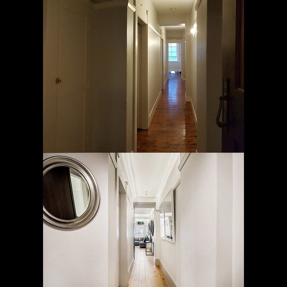 A split photo of two different rooms with one picture showing the same room.