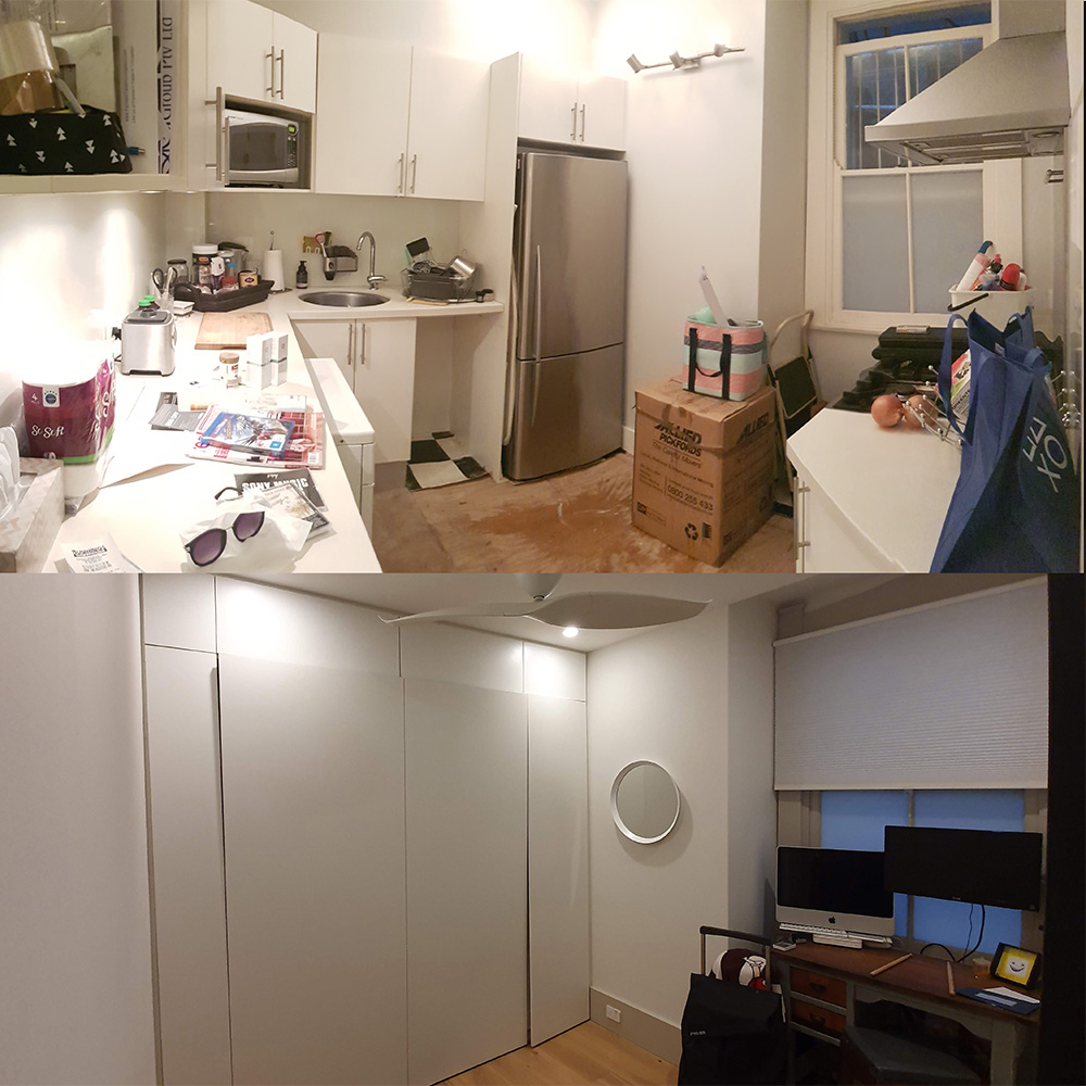 A collage of pictures showing the inside and outside of a kitchen.