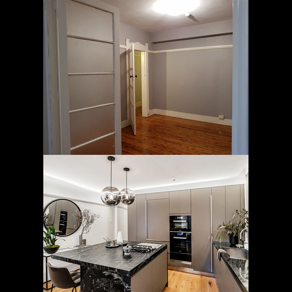 A before and after picture of the kitchen.