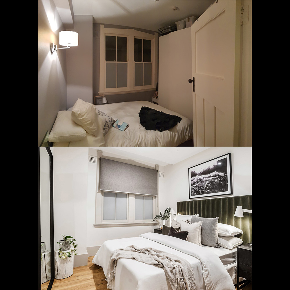 A before and after picture of the bedroom.