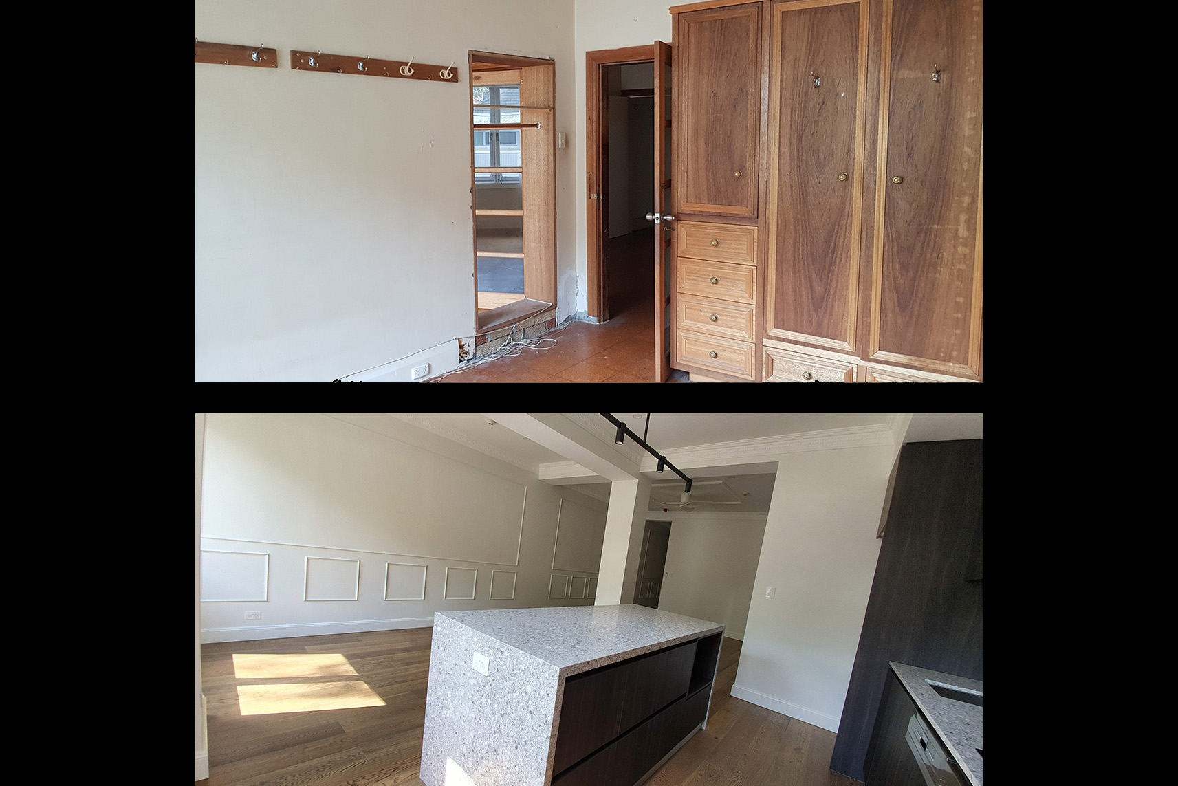 A before and after picture of the kitchen.