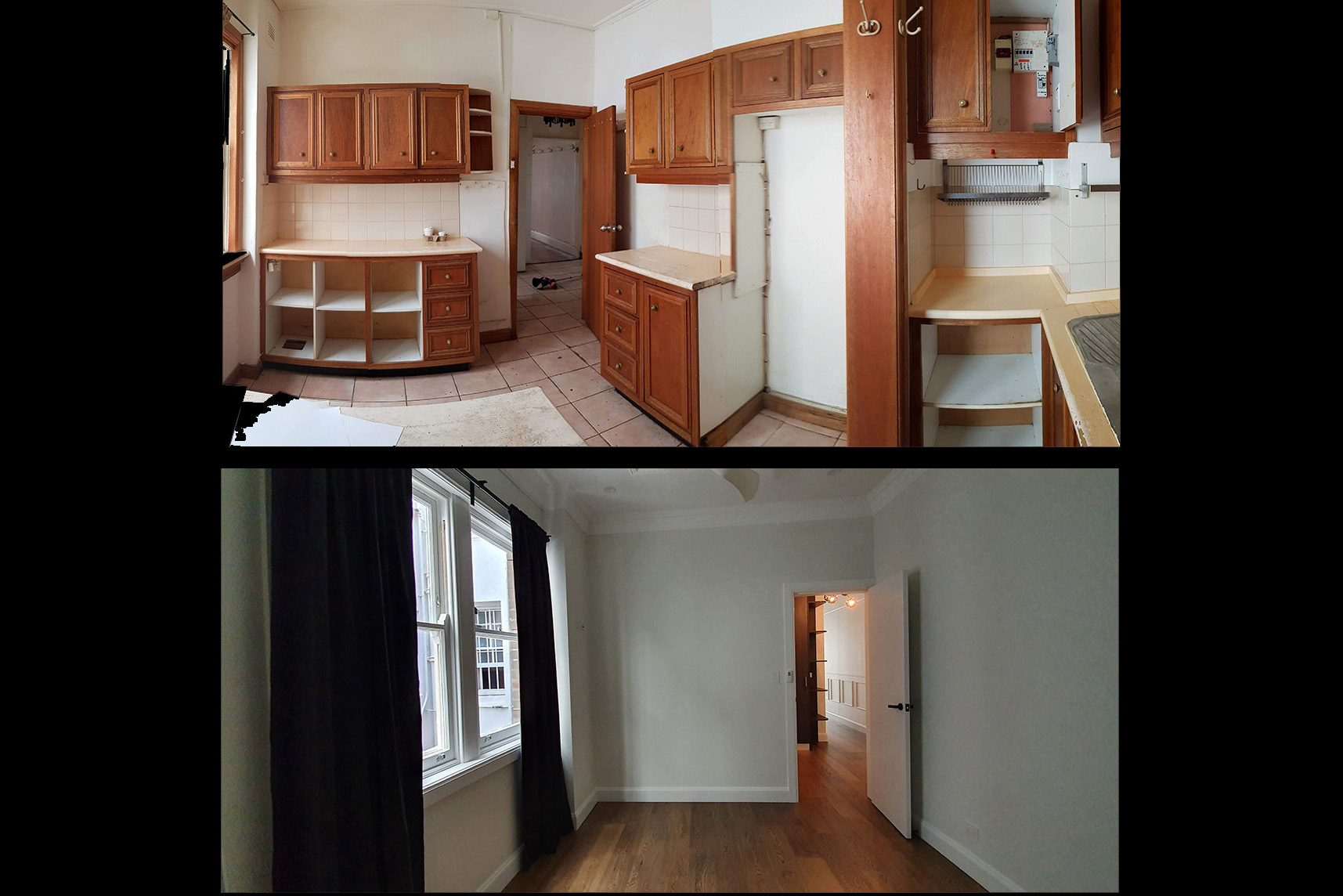 A kitchen and living room are shown in two different photos.